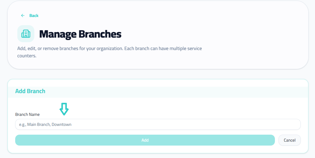 Enter the branch name (e.g., 'Main Office').