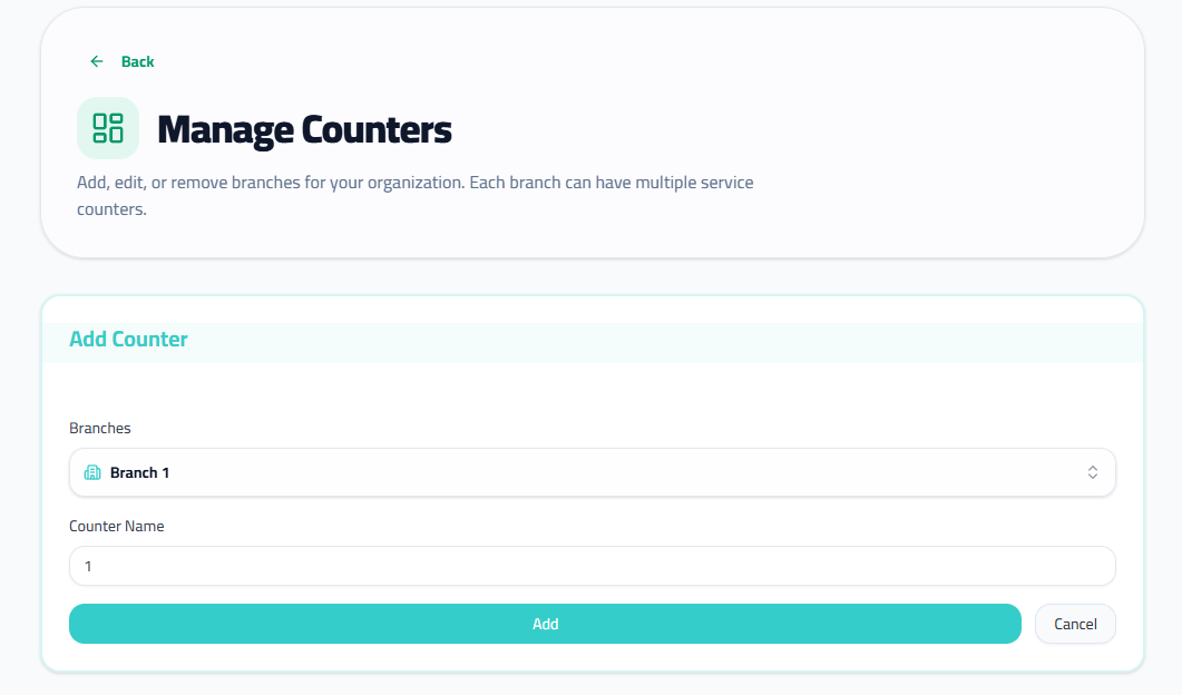 Select branch to add counter to and enter a name or number (e.g., '1').